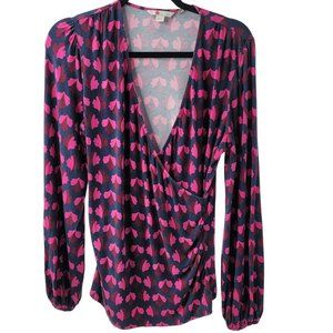 Boden Elodie Wrap Top Navy & Pink Floral Print V-Neck Long Sleeves Size 12